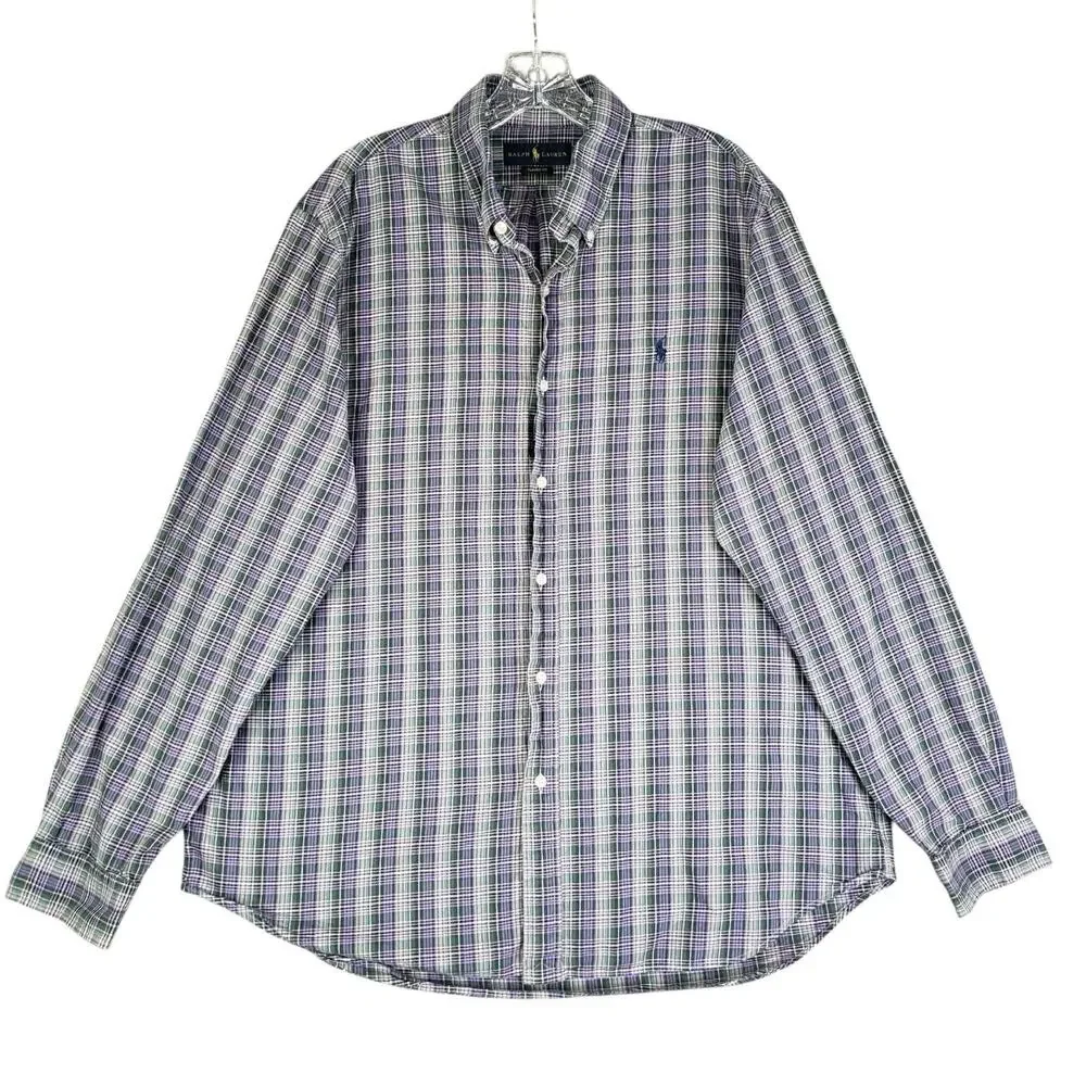 Polo Ralph Lauren Shirt Oxford Button Down Purple Green Plaid LS Size Large L ?